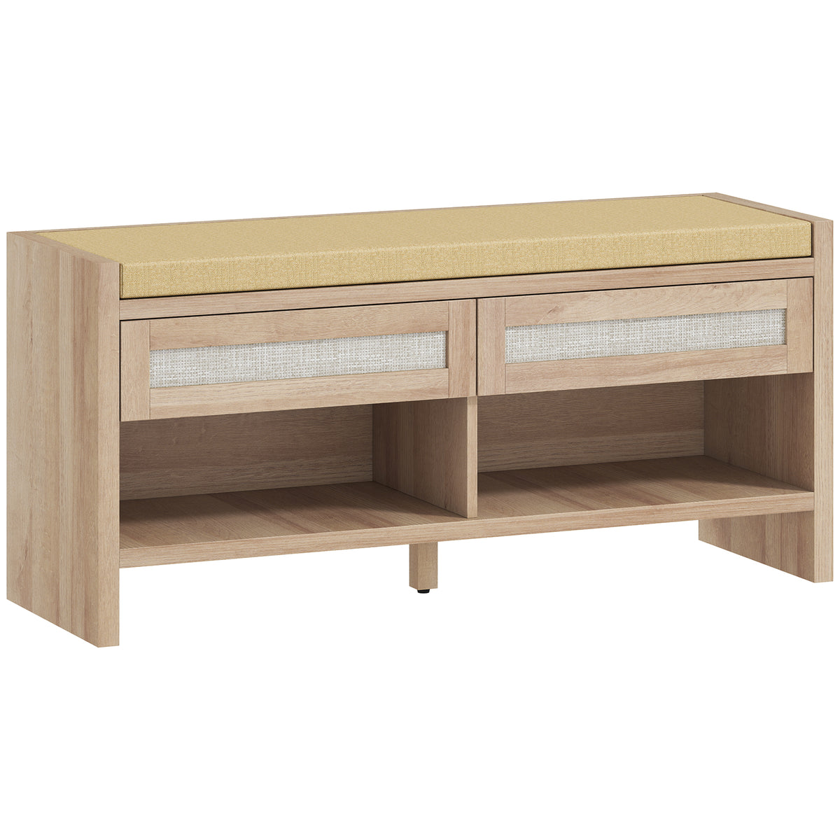 Banc chaussures entrée, banc de rangement, assise rembourrée en lin, 2 tiroirs en rotin et étagère ouverte, chêne
