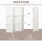 Séparateur de pièces 4 panneaux 2 étagères pliables blanc paille