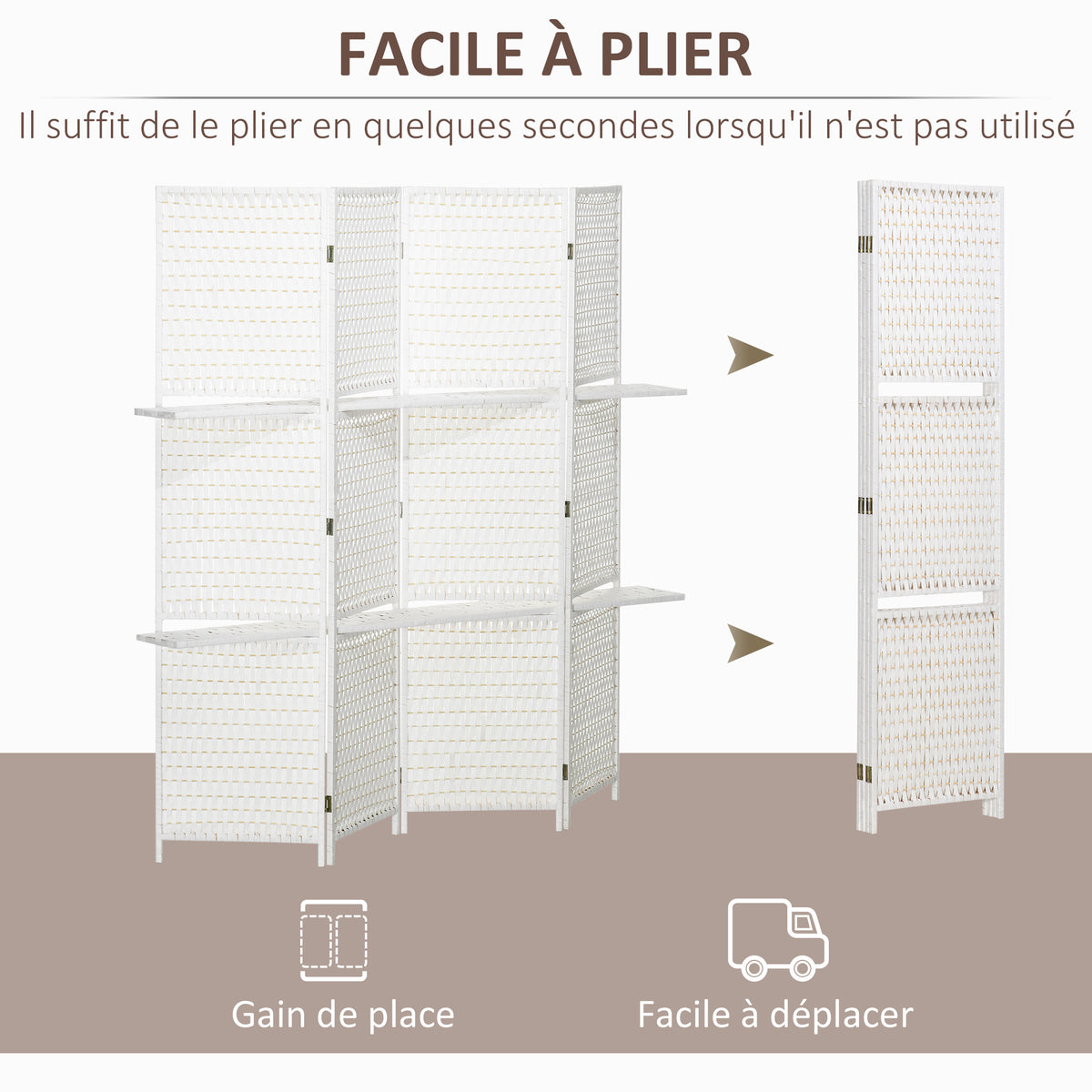 Séparateur de pièces 4 panneaux 2 étagères pliables blanc paille