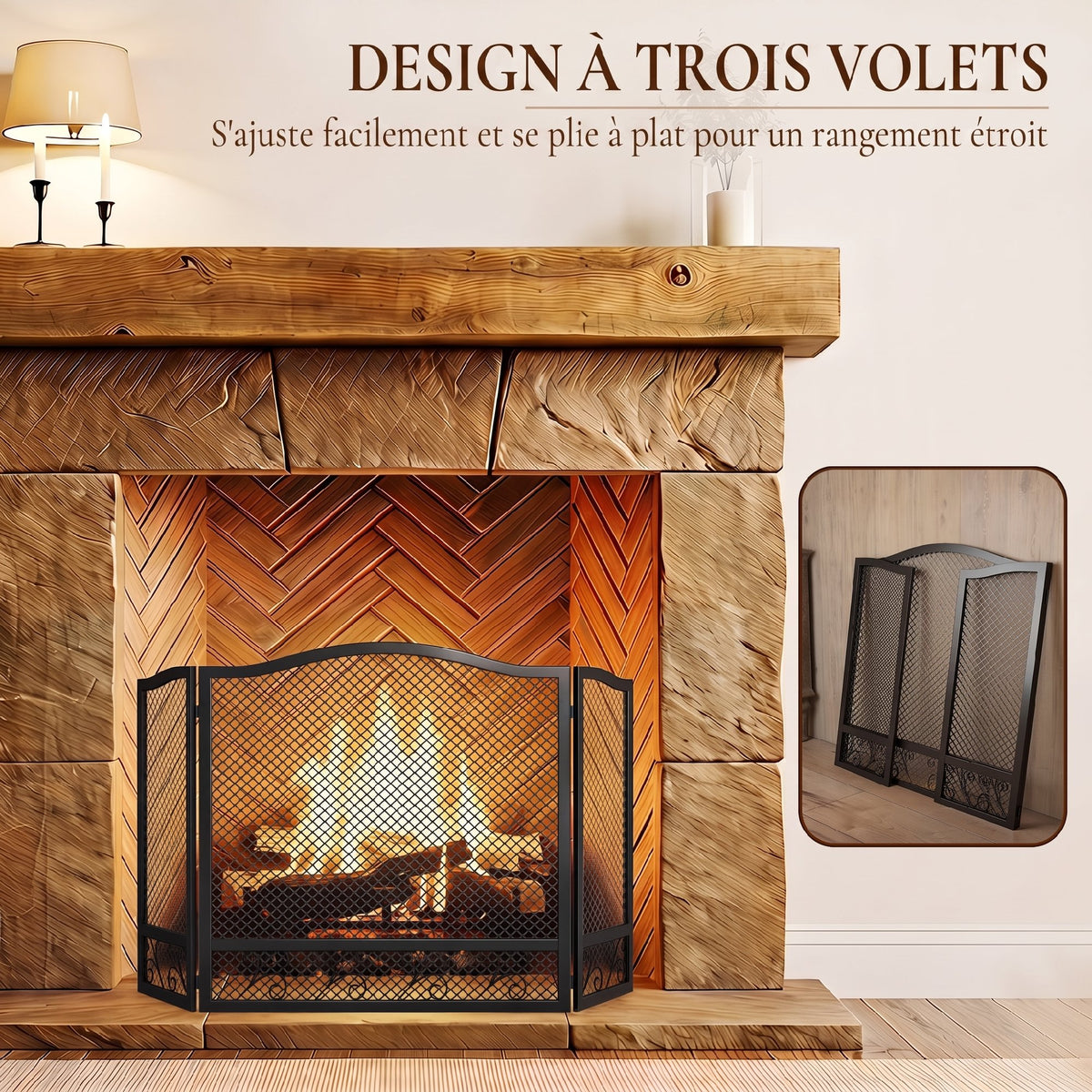 Pare Feu Cheminée Pliable 3 Panneaux, Pare-Étincelles Cheminée, Motif Floral, Métal, 107 x 60 cm, Noir-4