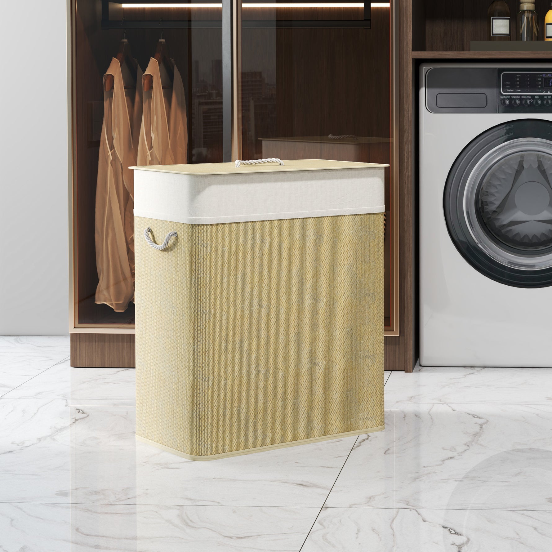 Panier à linge double avec couvercle, panier à linge en bambou 100 L avec poignées en corde