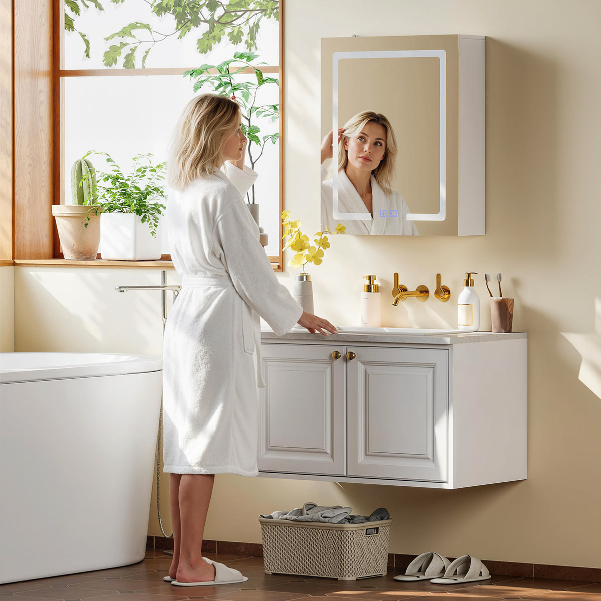 Armoire murale salle de bain avec miroir et éclairage LED, anti-buée, étagères réglables, 50 x 15 x 60 cm, blanc