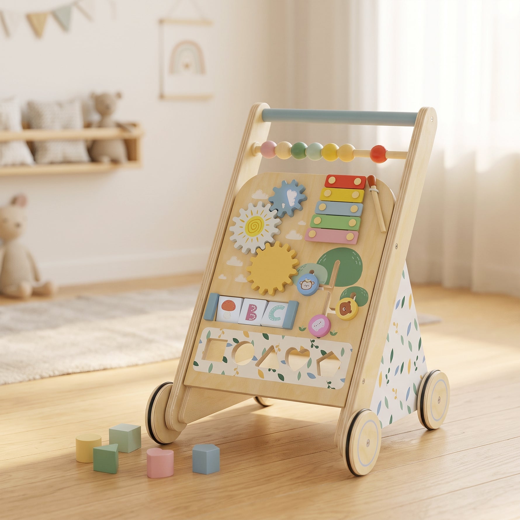 Trotteur Bebe en Bois, Chariot de Marche Bébé avec Centre d'Activités, Vitesse Réglable et 5 Blocs, dès 18 Mois, Naturel