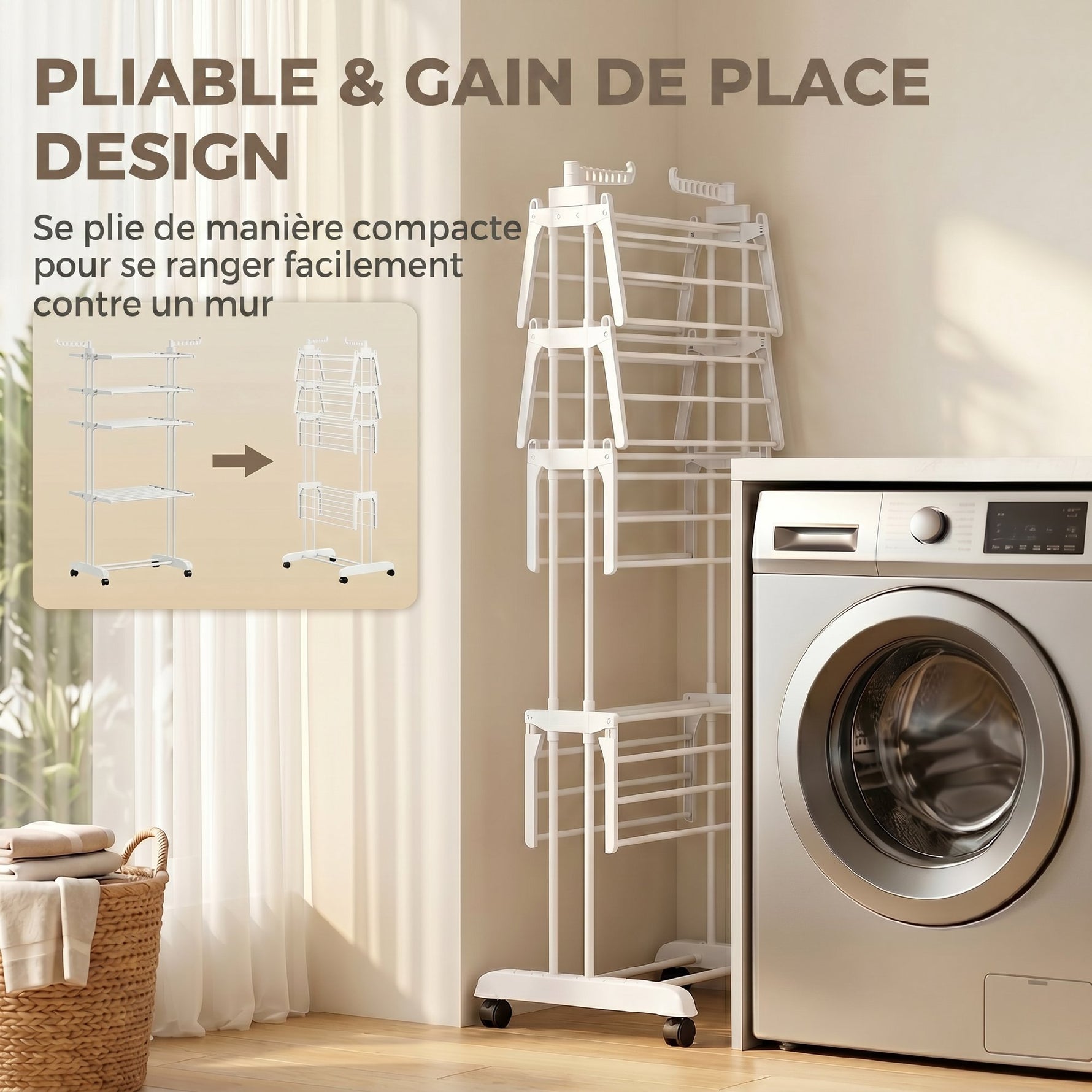 Séchoir à linge pliable 4 niveaux avec roulettes, étendoir linge intérieur avec ailes latérales, cadre en acier, blanc