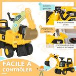 Tractopelle enfant sous licence CAT, porteur enfant, pelle manuelle, klaxon et rangement caché, 85x27,5x47,5cm, jaune