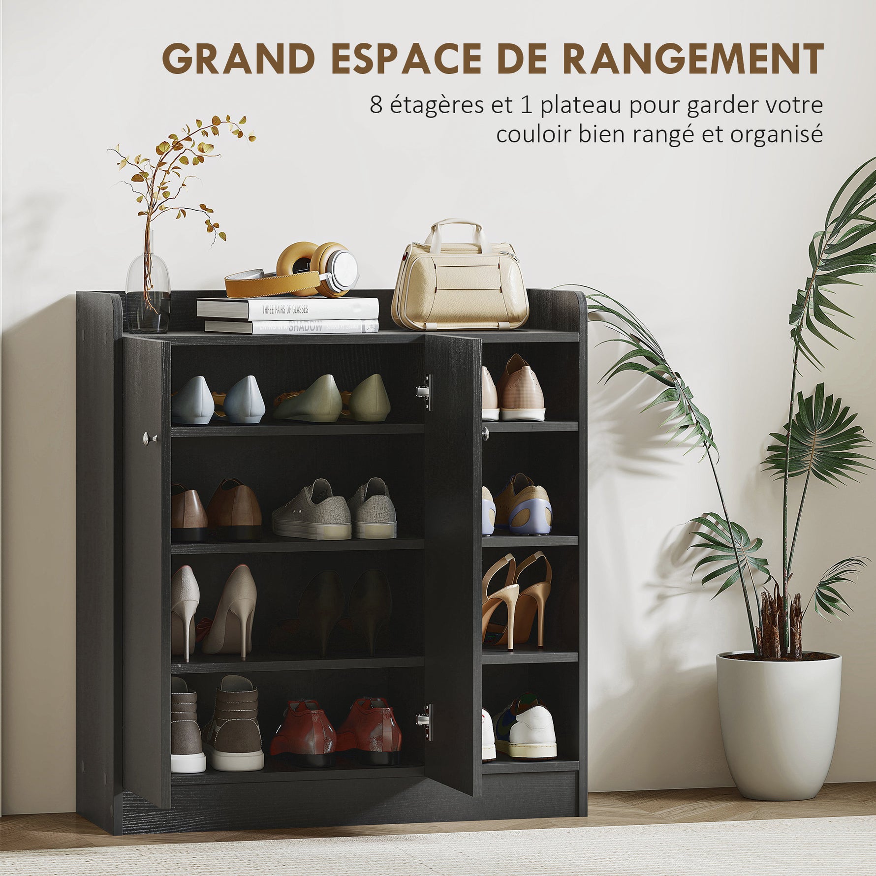 Meuble de rangement à chaussures pour entrée 12 paires - armoire à chaussures avec 4 compartiments ouverts- noir