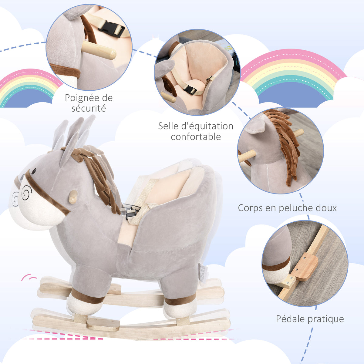 Cheval à Bascule modèle âne Fonction Musicale Selle Grand Confort Peluche Courte Douce Bois peuplier Gris dim. 61L x 34l x 58H cm