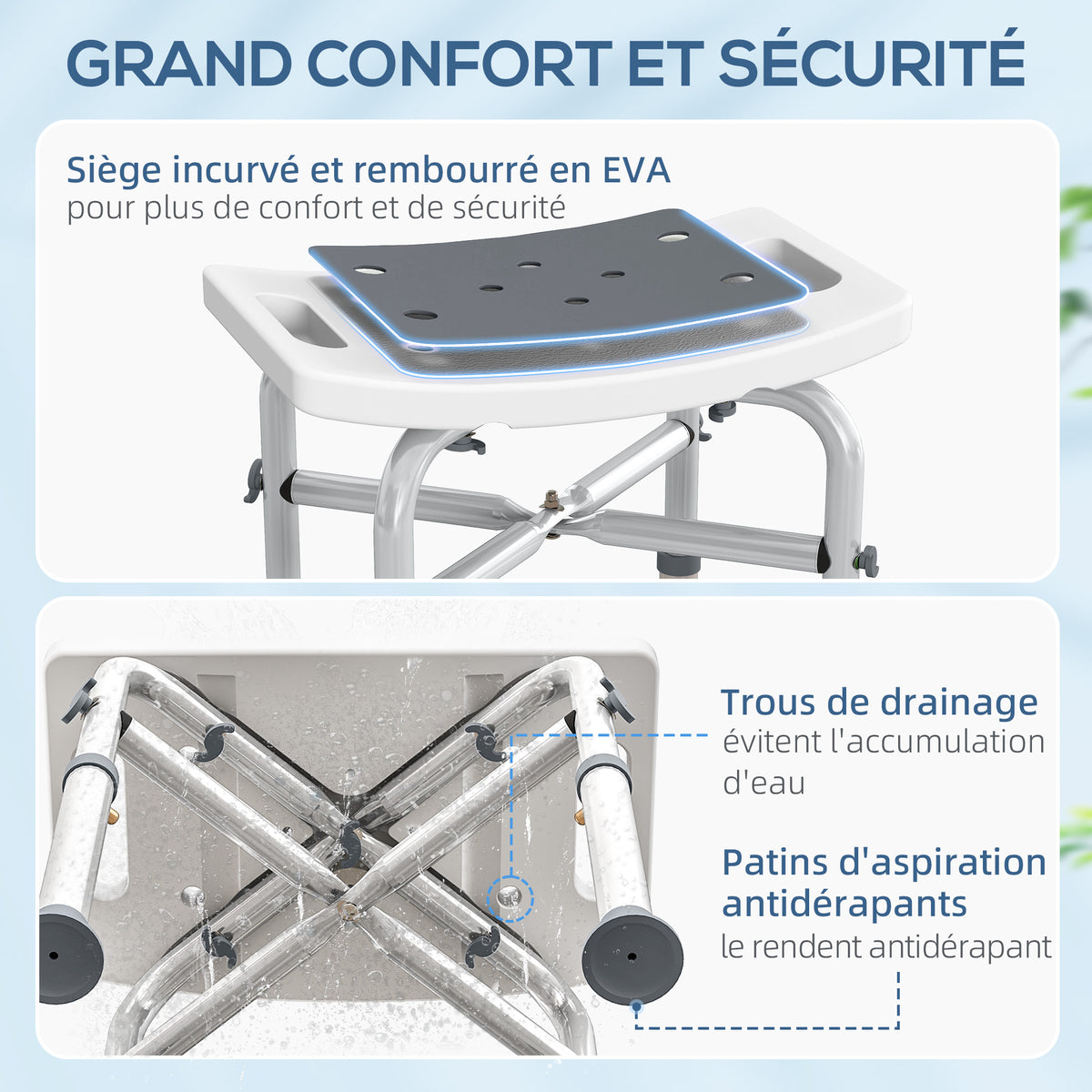 Tabouret de douche chaise de douche - assise rembourré et réglable, patins à ventouses antidérapants, en aluminium gris