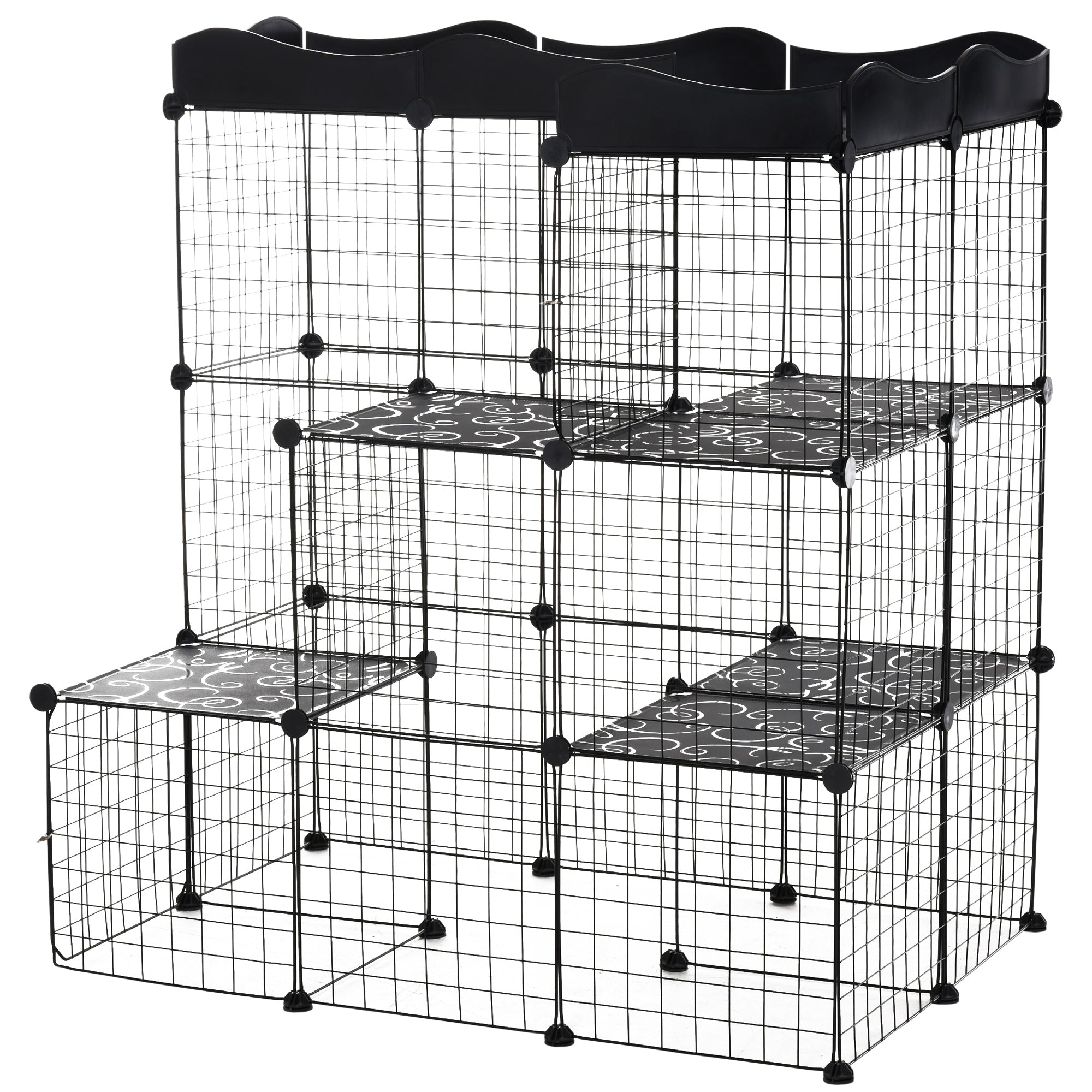 Cage parc enclos pour petits animaux chats lapins modulable 3 niveaux 2 portes rampe fil métallique 105 x 70 x 116 cm noir