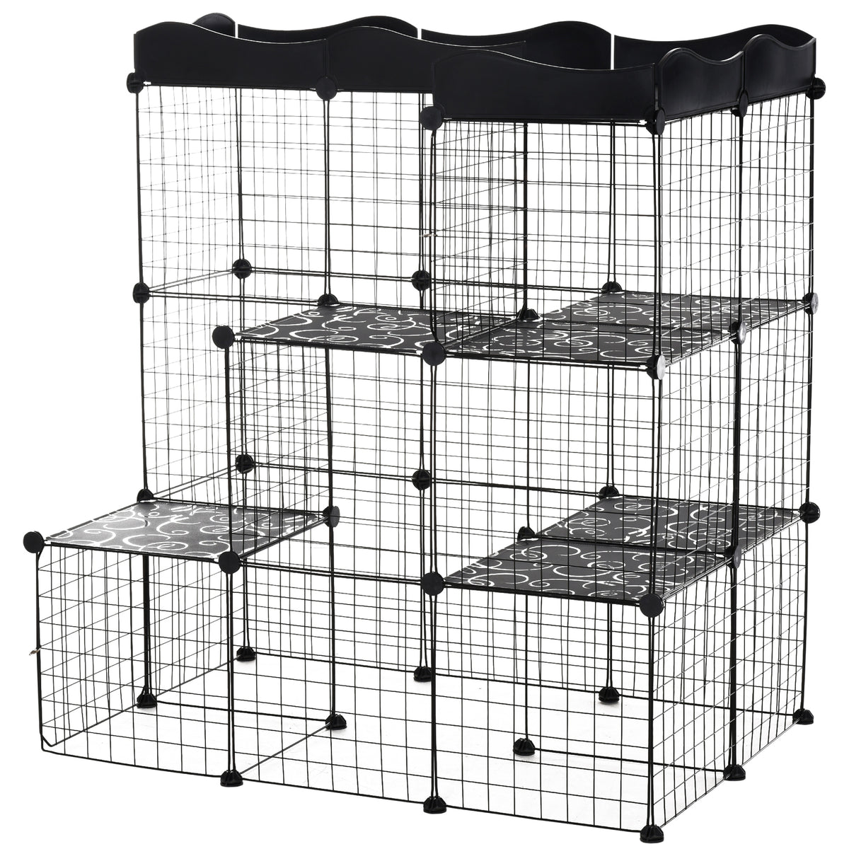 Cage parc enclos pour petits animaux chats lapins modulable 3 niveaux 2 portes rampe fil métallique 105 x 70 x 116 cm noir