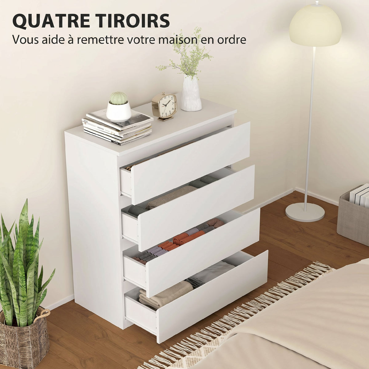 Commode 4 tiroirs, meuble de rangement épuré pour chambre, intérieur, 80 x 39 x 95 cm panneau de particules blanc