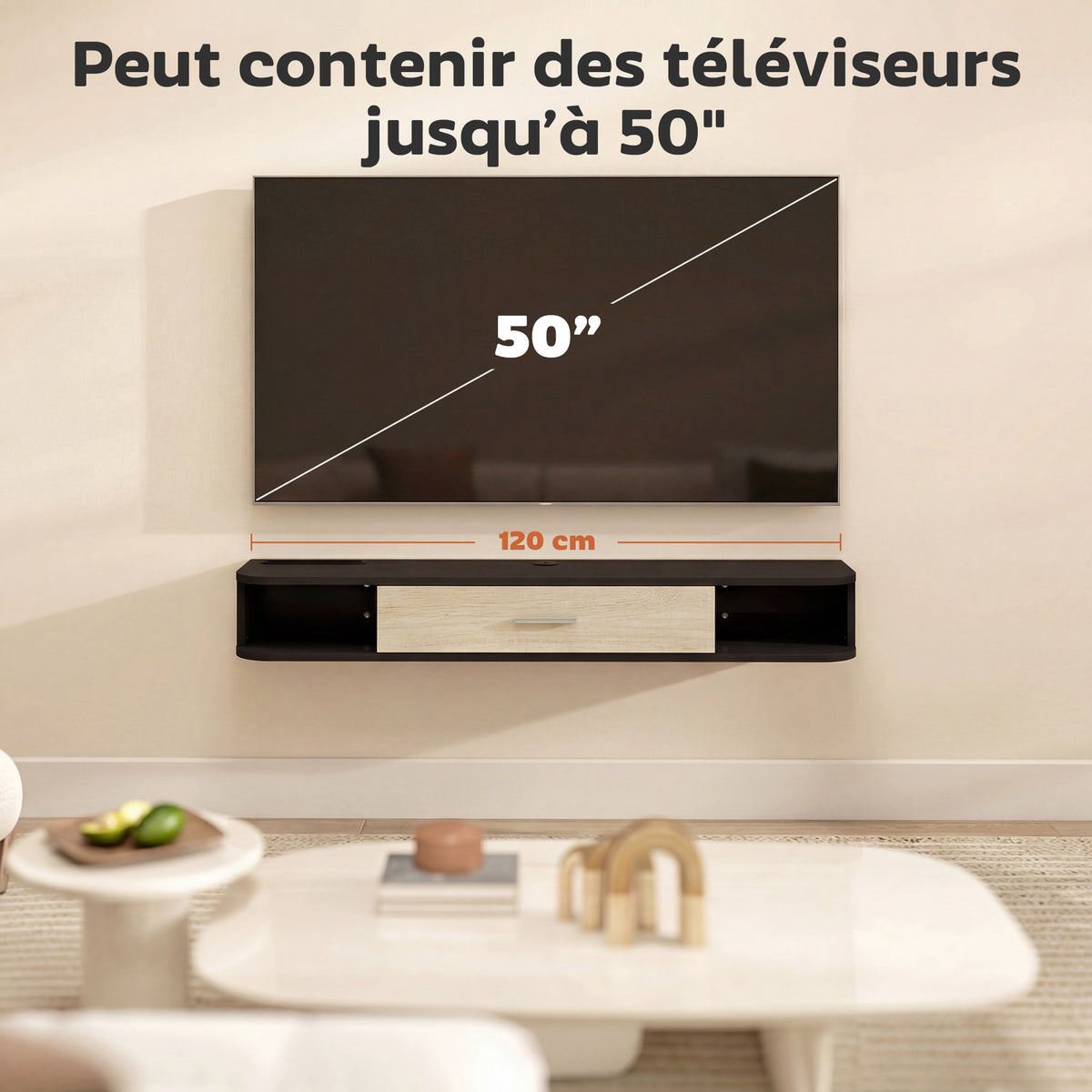 Meuble TV Suspendu 120 cm, Meuble télé jusqu'à 50 Pouces, Porte Rabattable, 2 Étagères Ouvertes et Passe-câbles, Noir