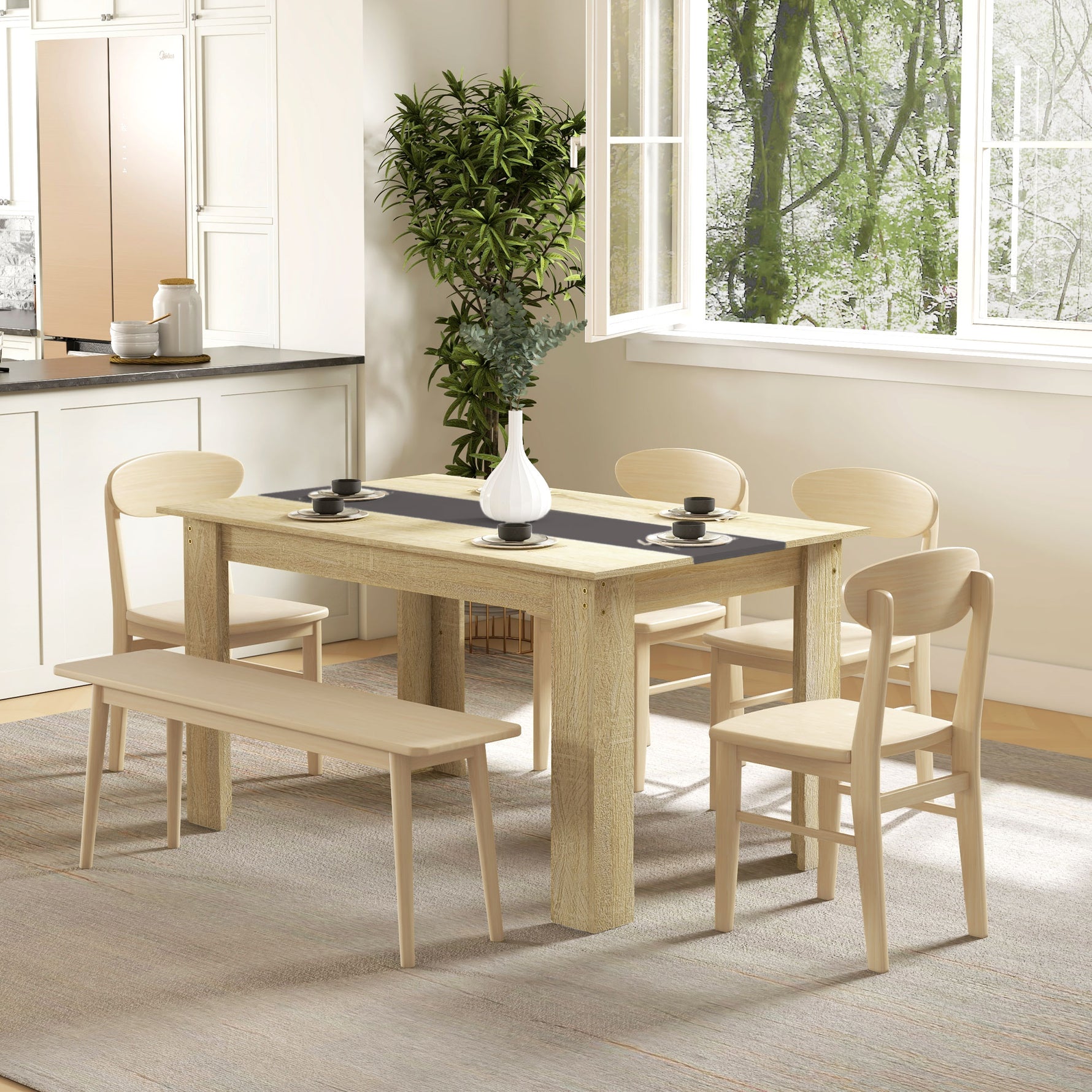 Table de salle à manger pour 6 personnes en bois aspect naturel et noir, dim. 140L x 90l x 75H cm
