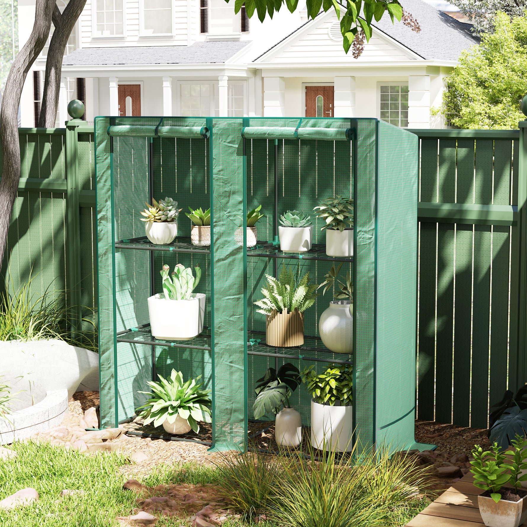 Serre de jardin avec étagères métalliques à 3 niveaux serre de balcon couverture PE toit incliné 144 x 48 x 152 cm vert