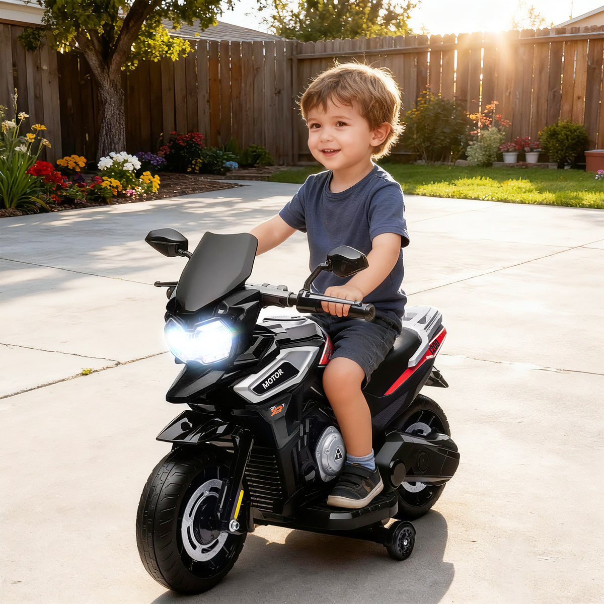 Elektromotorrad für Kinder 6 V, Elektroauto für Kinder mit Stützrädern, Musik, Lichteffekten, schwarz