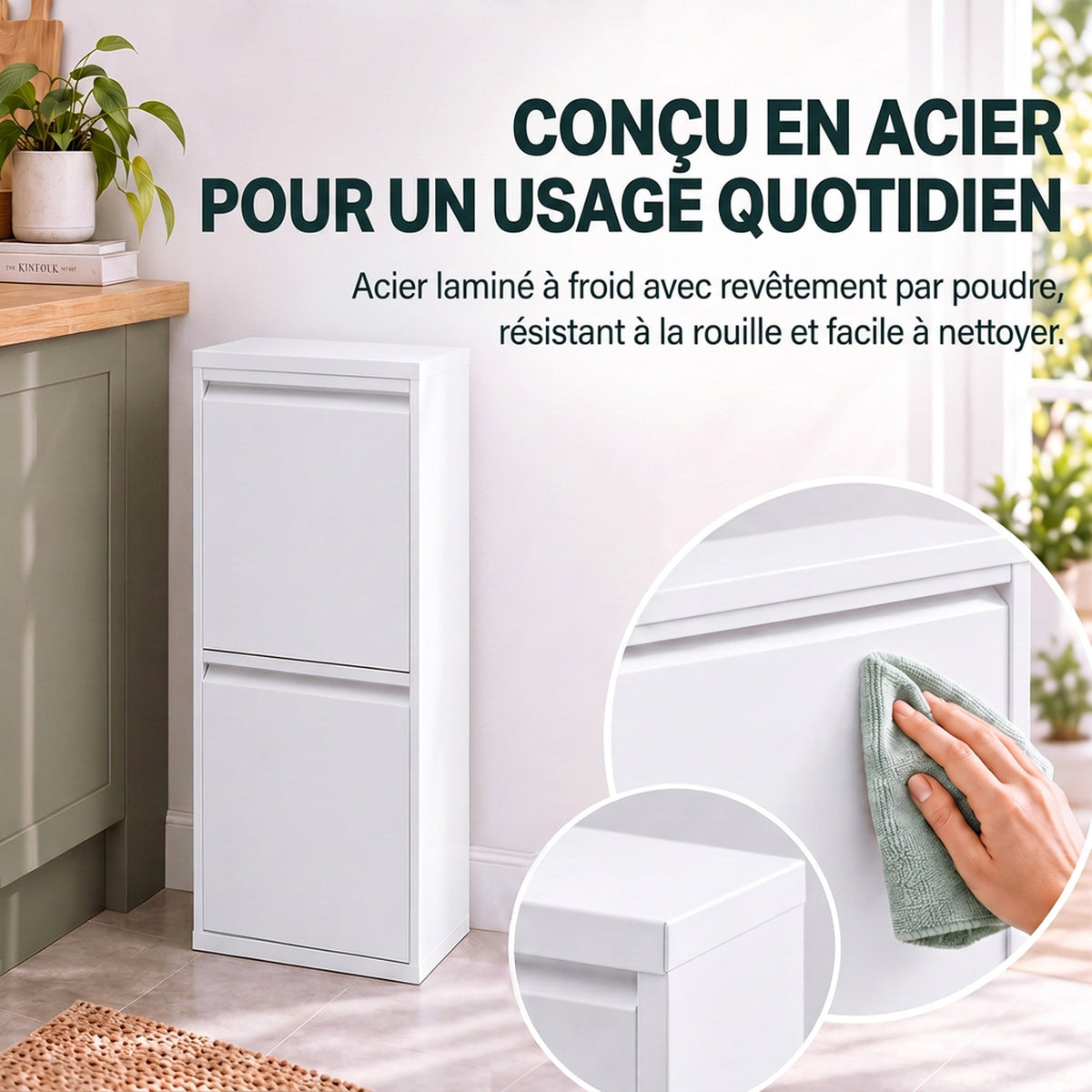 Mueble para Basura de Clasificación Selectiva, Papelera de Reciclaje de 30 L (2 x 15 L) con 2 Compartimentos, Cierre Suave, Blanco