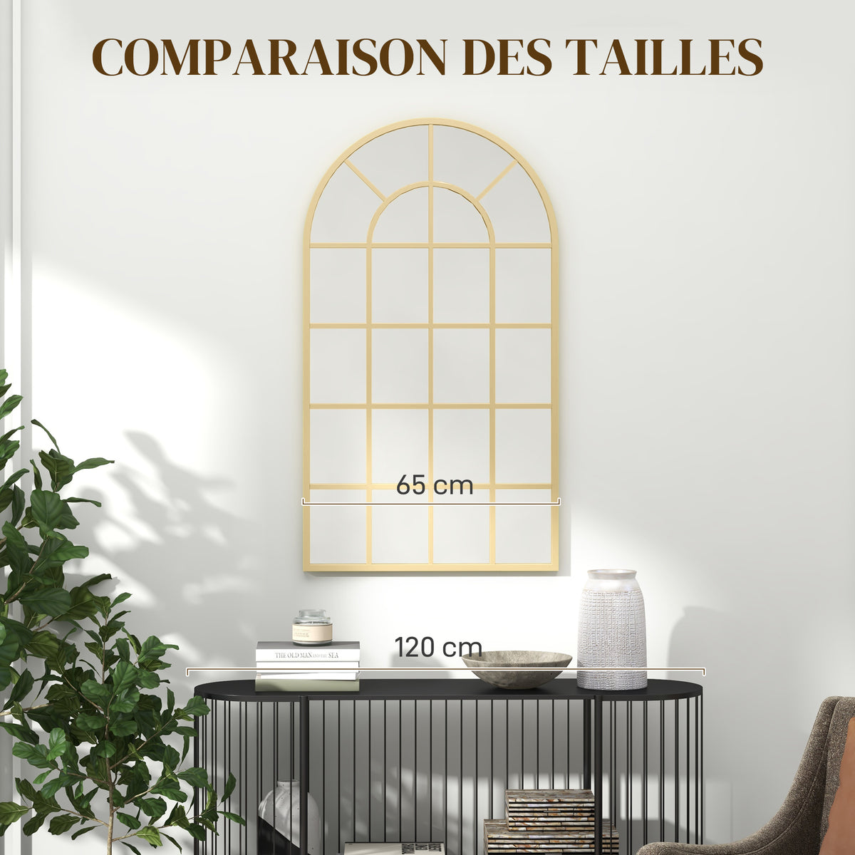 Specchio vetrata ad arco stile industriale finestra a tutto sesto metallo 110 x 65 cm dorato