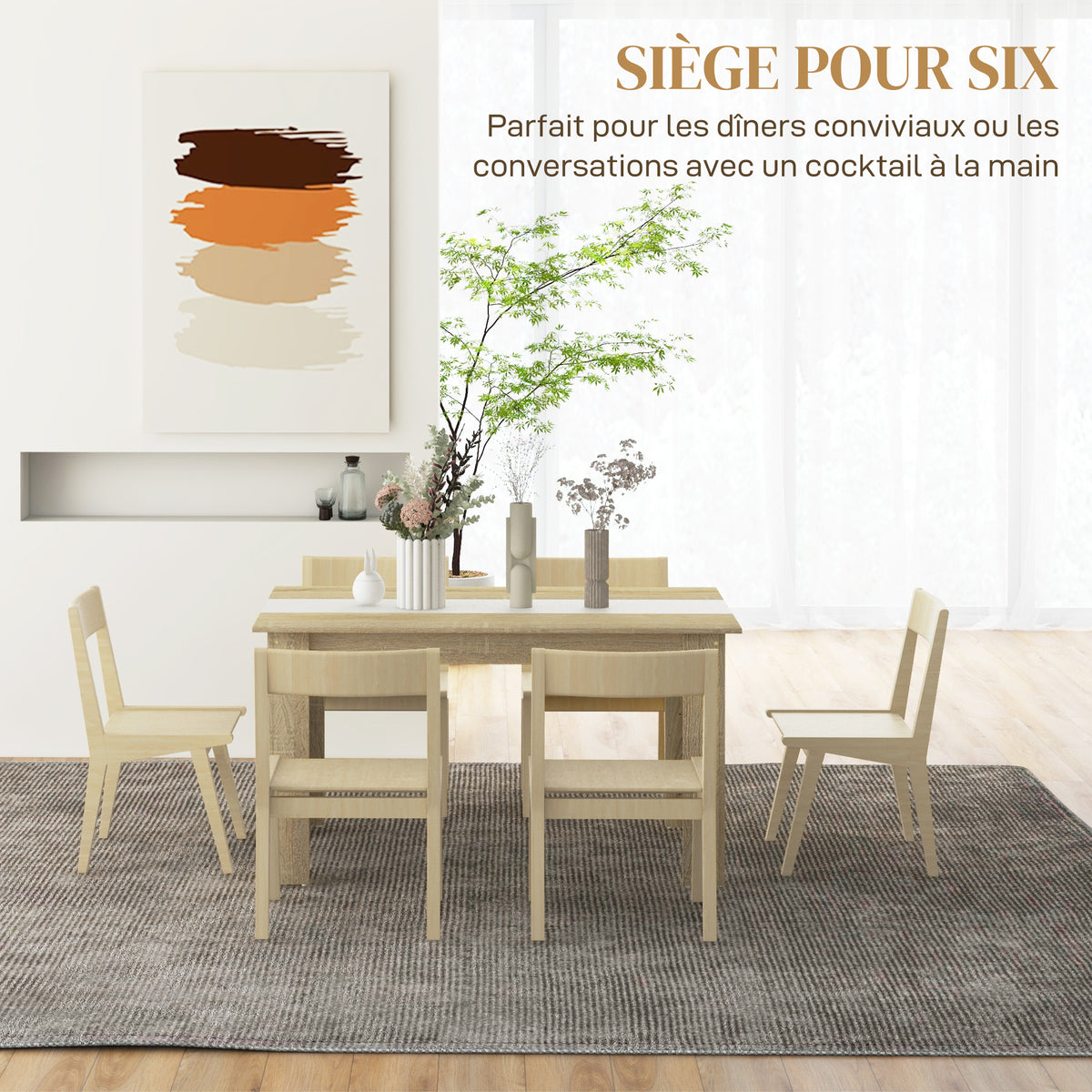 Table de salle à manger pour 6 personnes en bois aspect naturel et blanc, dim. 140L x 90l x 75H cm