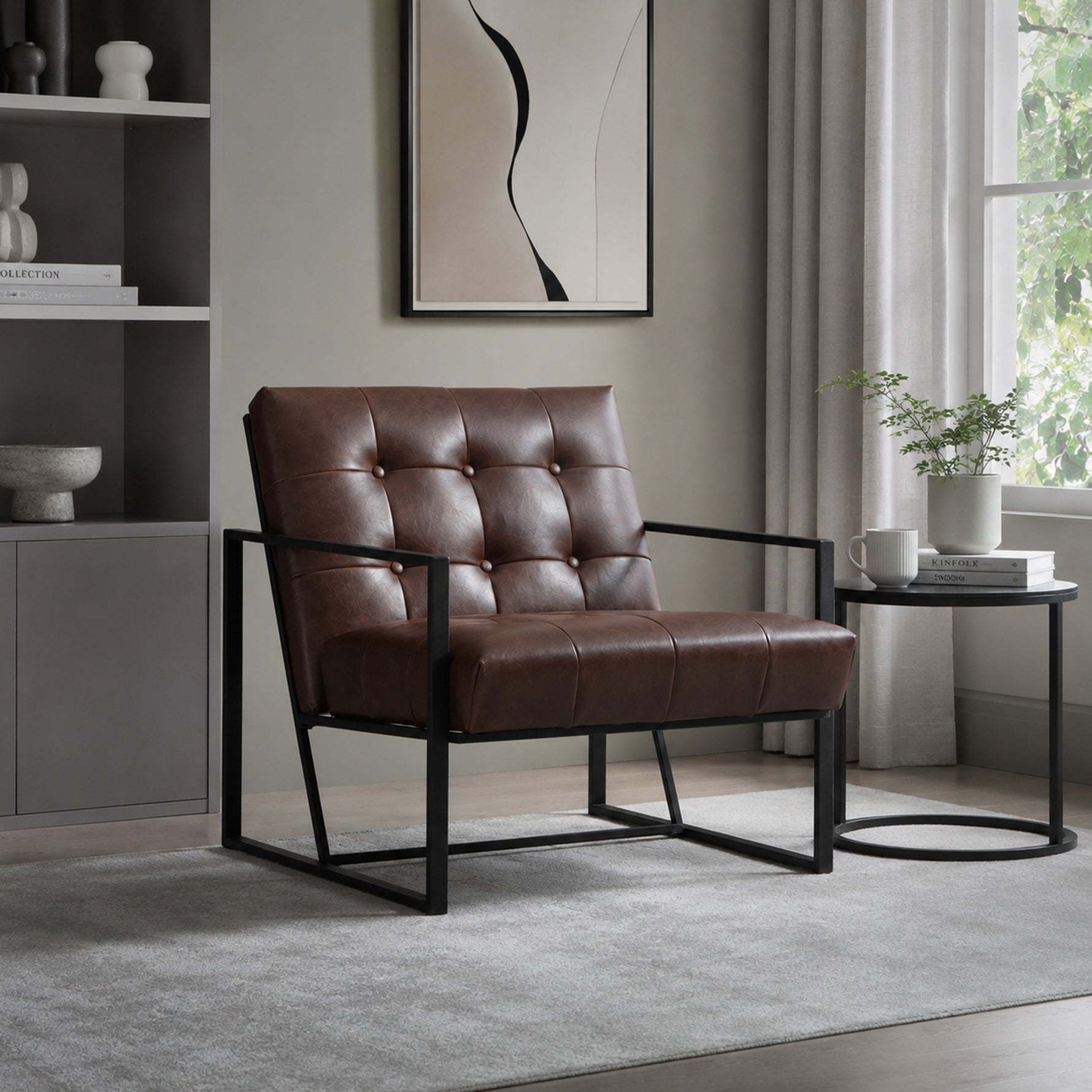 Fauteuil de salon Chesterfield Fauteuil Relax Assise Dossier capitonnés Structure métal Noir revêtement synthétique Chocolat
