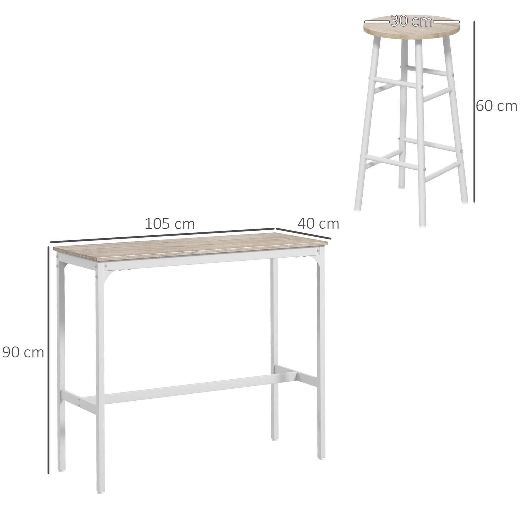 Ensemble table haute de bar + 2 tabourets structure en acier plateau aspect bois naturel 2 personnes blanc
