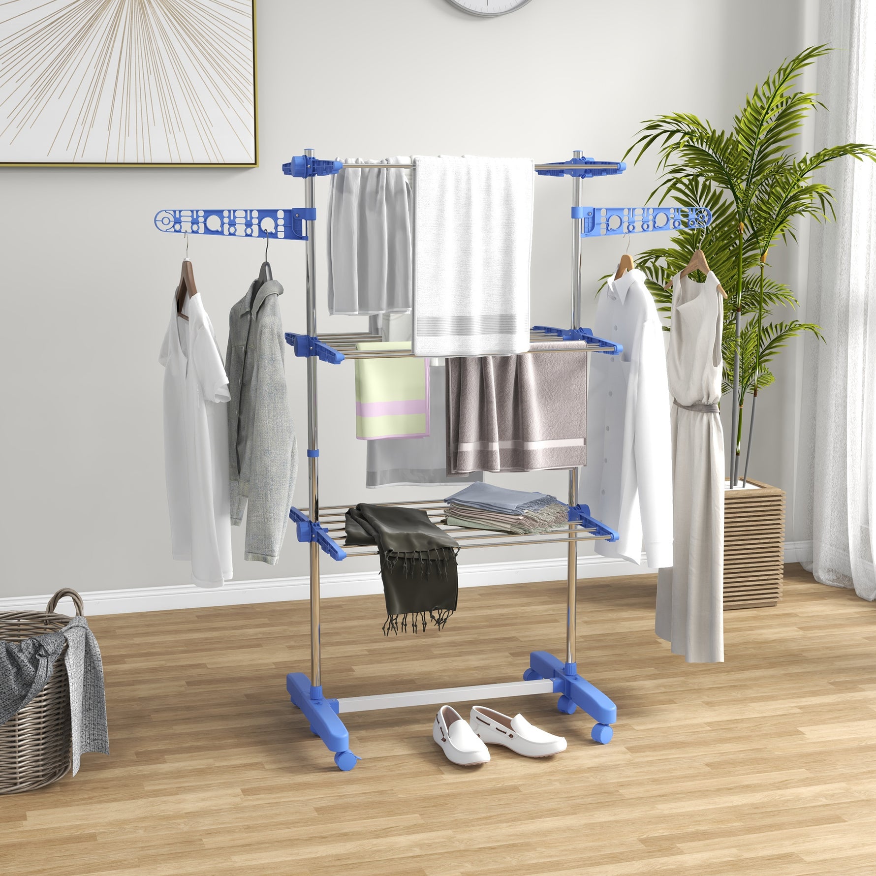 Séchoir à linge étendoir pliable ailes latérales utilisation intérieure et extérieure 3 niveaux 142 x 55 x 152 cm bleu