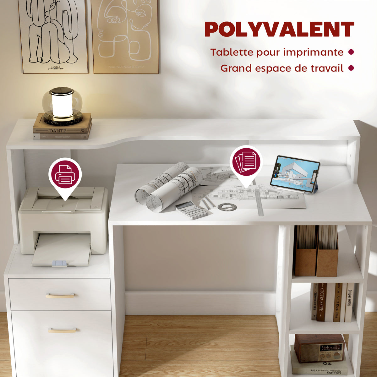 Bureau informatique, bureau avec rangement, 2 tiroirs, étagères ouvertes et tablette d'imprimante, 137x55x92cm, blanc