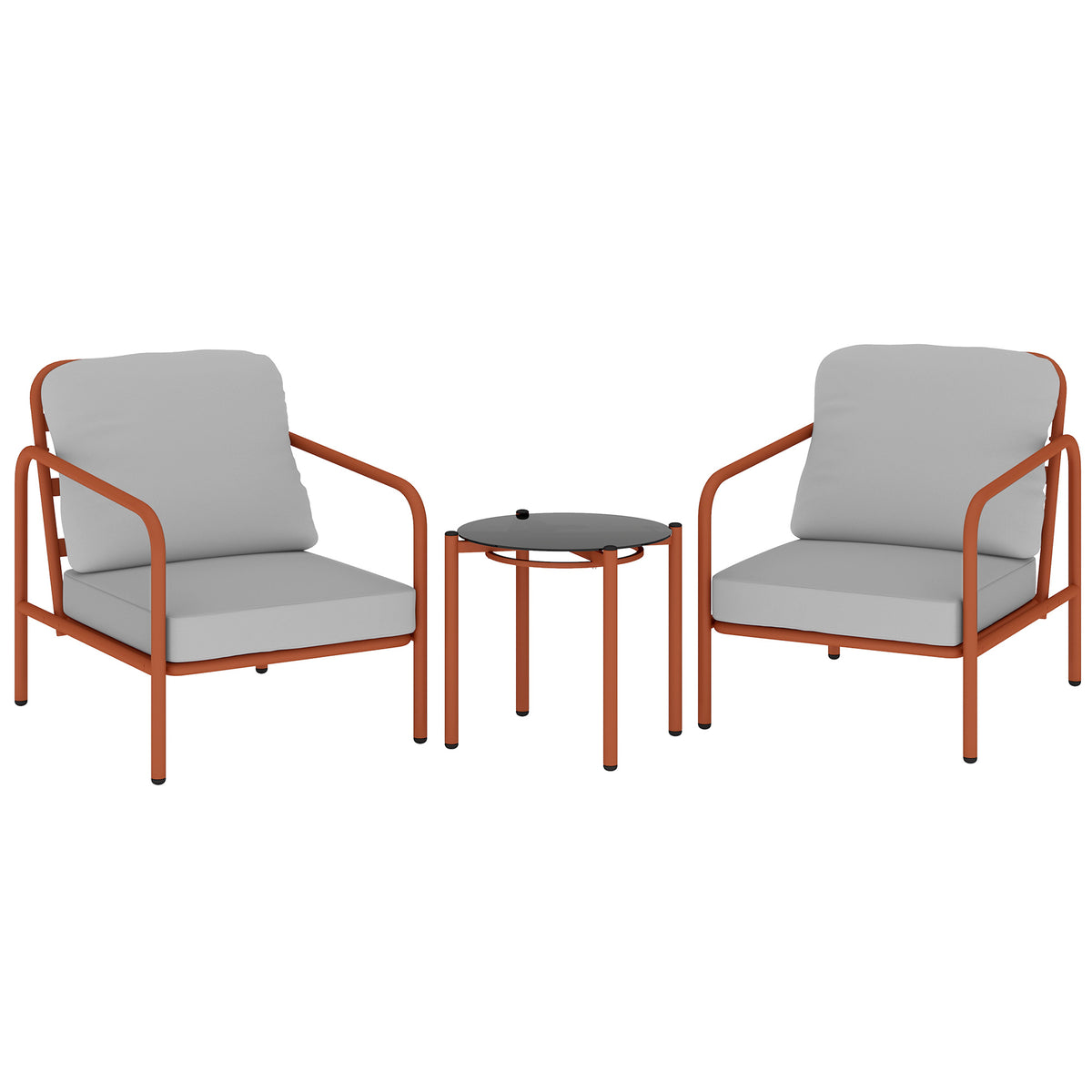 Salon de Jardin 3 Pièces, 2 Fauteuils, 1 Table Basse, Coussins Épais, Plateau en Verre Trempé, 63x77x76cm, Rouge Vineux