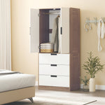 Armoire 2 portes, armoire moderne avec 3 tiroirs et tringle de suspension pour chambre à coucher, marron