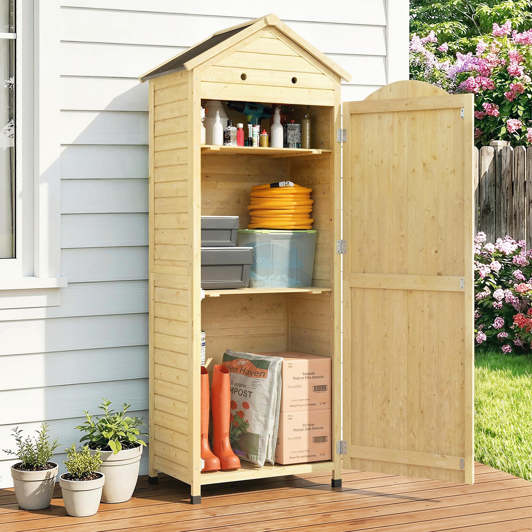 Armoire de Jardin en Bois Toit Acier Galvanisé Texture Gaufrée Étagères Réglables 85x58x213cm Bois Naturel