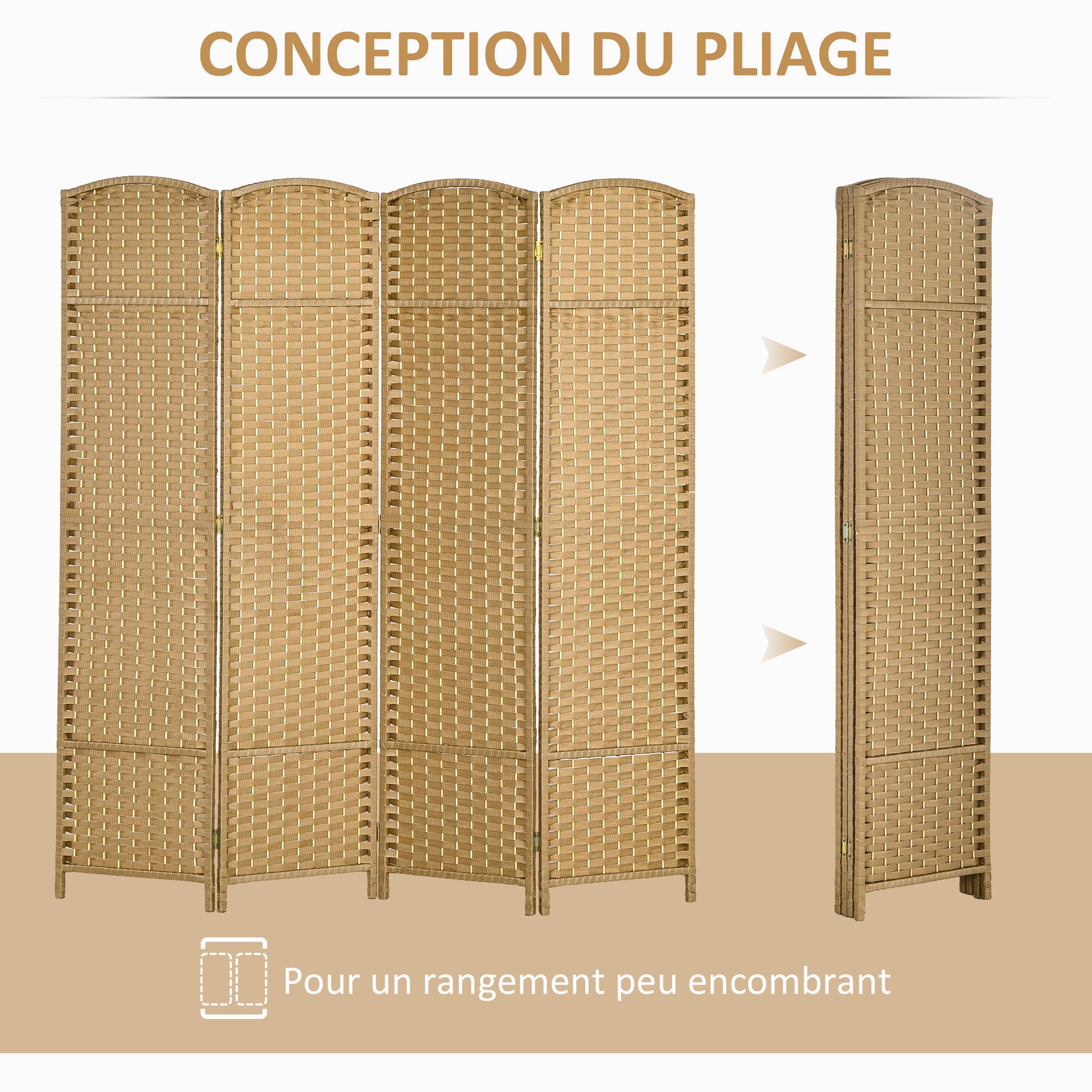 Paravent interieur en bois 4 panneaux 160 x 170 cm séparateur de pièce pliable pour salon, chambre à coucher, naturel