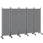 Paravent 5 Panneaux 252x170cm, Paravent Pliant avec 12 Roulettes et Clips de Connexion, Acier et Polyester, Gris Foncé