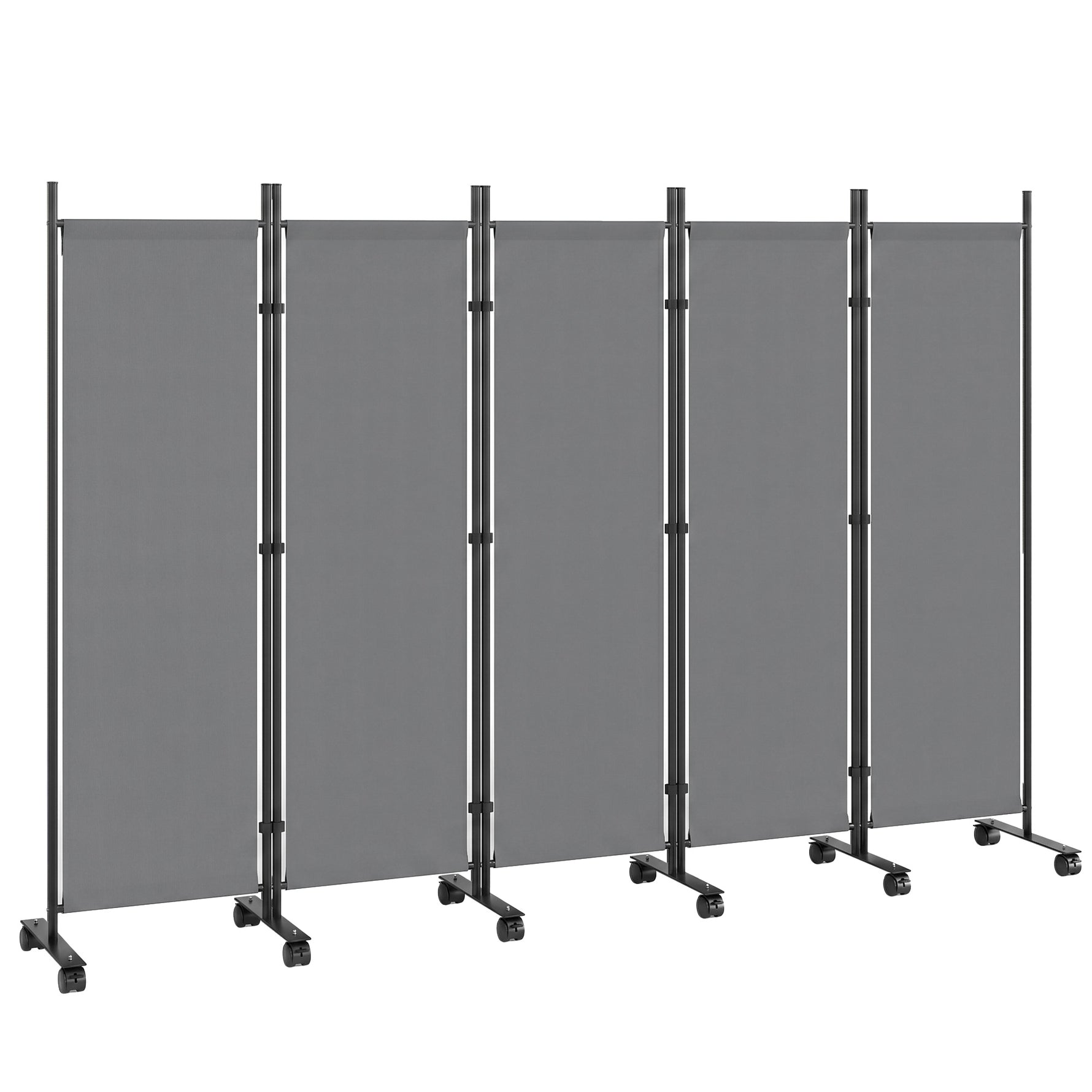 Paravent 5 Panneaux 252x170cm, Paravent Pliant avec 12 Roulettes et Clips de Connexion, Acier et Polyester, Gris Foncé