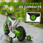 Moto Cross électrique pour Enfant 3 à 5 Ans 12 V 3-8 Km/h avec roulettes latérales Amovibles dim. 106,5L x 51,5l x 68H cm Vert