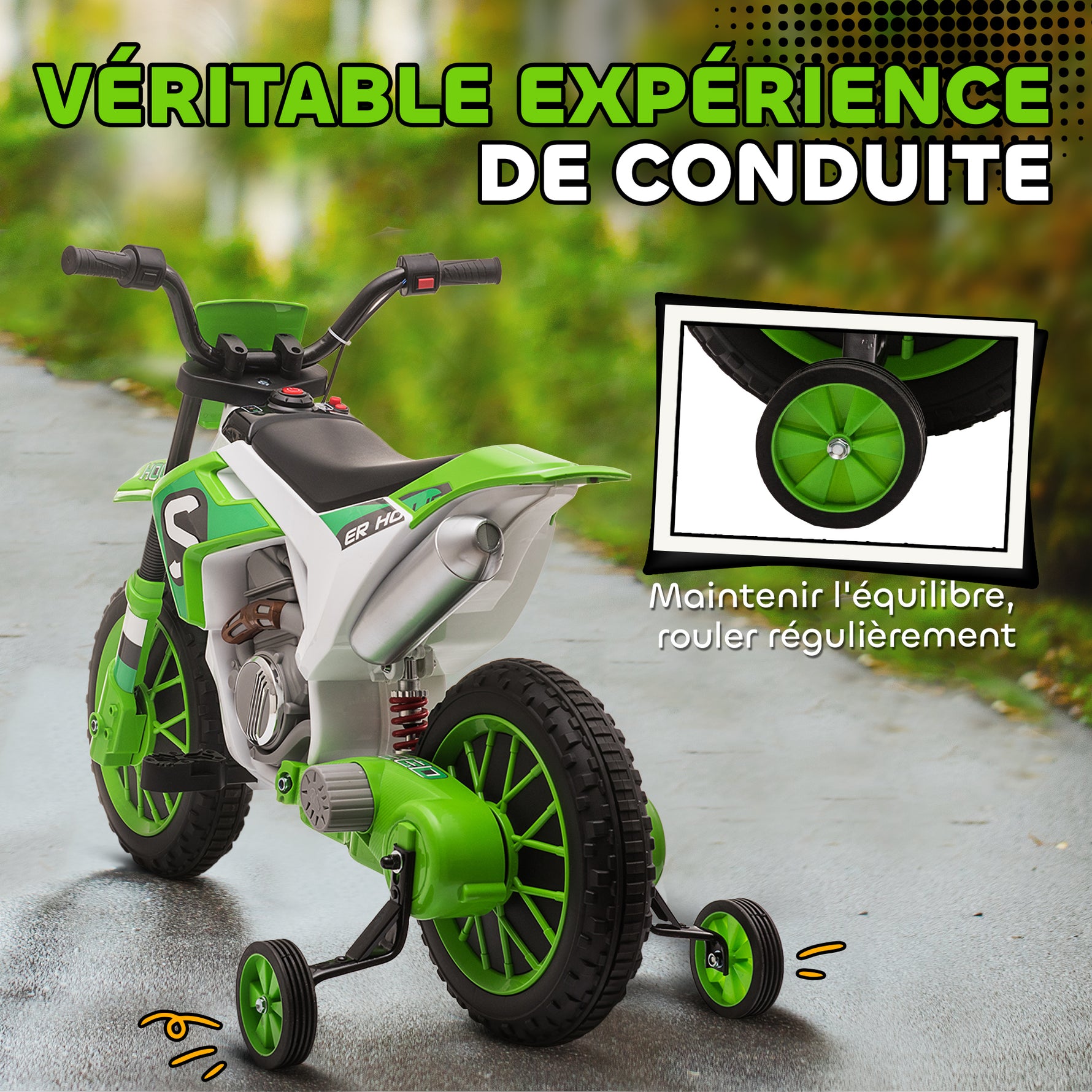 Moto Cross électrique pour Enfant 3 à 5 Ans 12 V 3-8 Km/h avec roulettes latérales Amovibles dim. 106,5L x 51,5l x 68H cm Vert