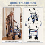 Déambulateur 4 roues pliable, rollator en acier inoxydable, siège rembourré en PU, poignée réglable, bleu