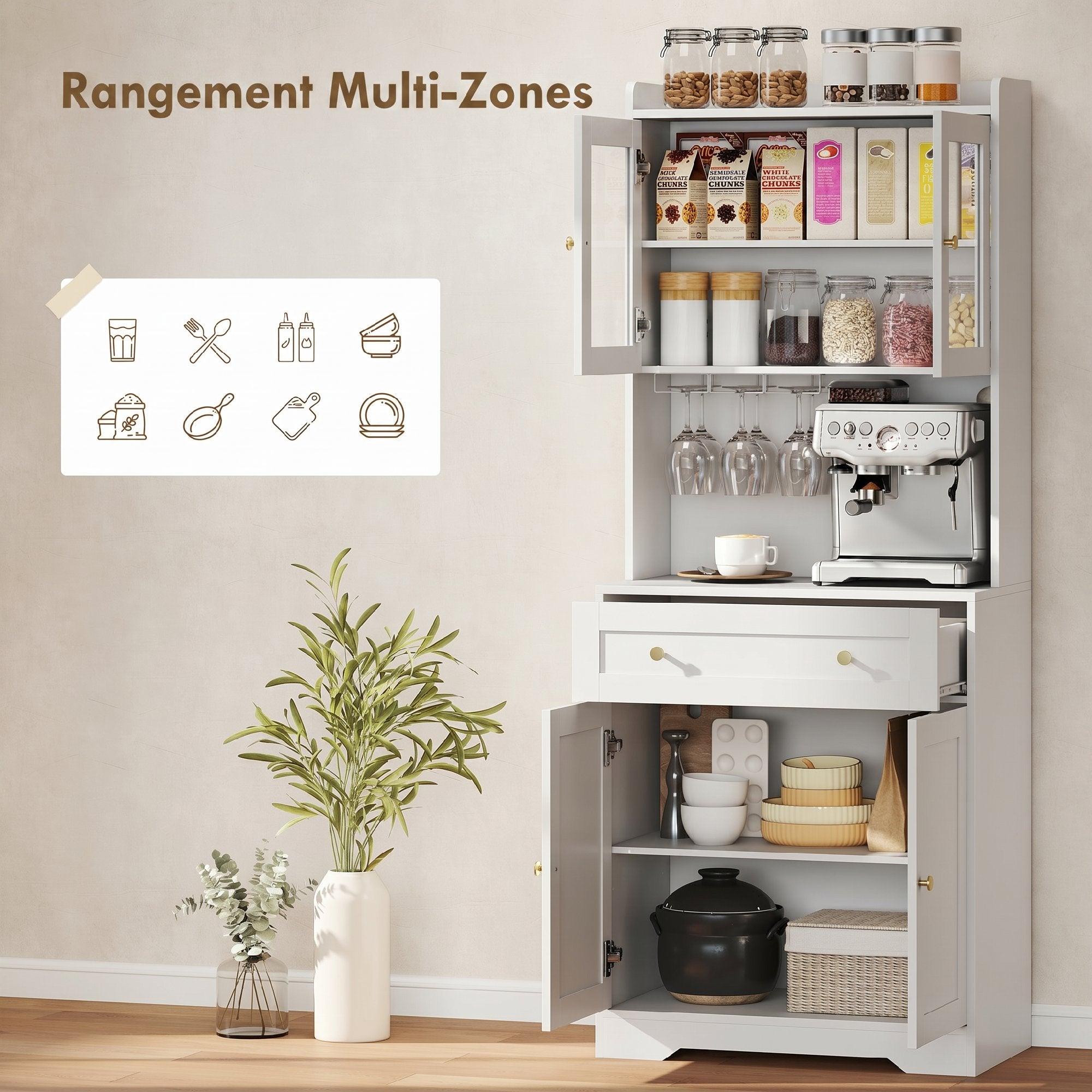 Alacena de cocina, armario de cocina, 4 puertas, cajón, encimera y estantes ajustables, blanco