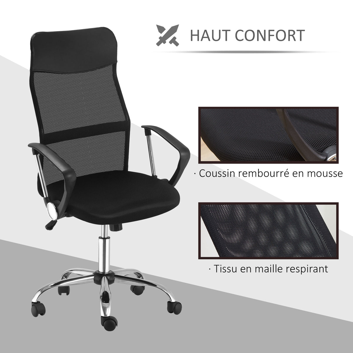 Lot de 2 fauteuils de bureau manager dossier ergonomique hauteur assise réglable pivotant tissu maille noir
