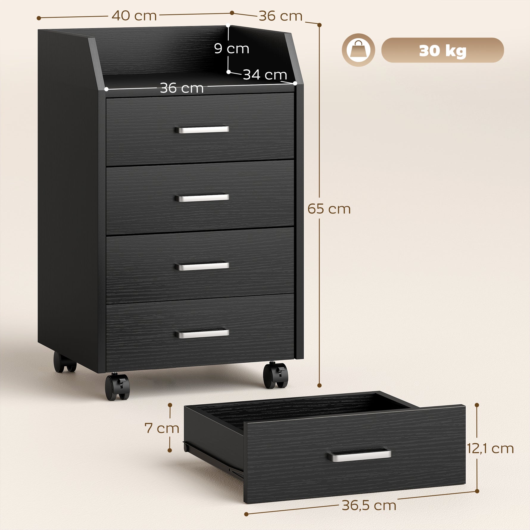 Caisson de bureau rangement sur roulettes 4 tiroirs coulissants en bois  40 x 36 x 65 cm noir