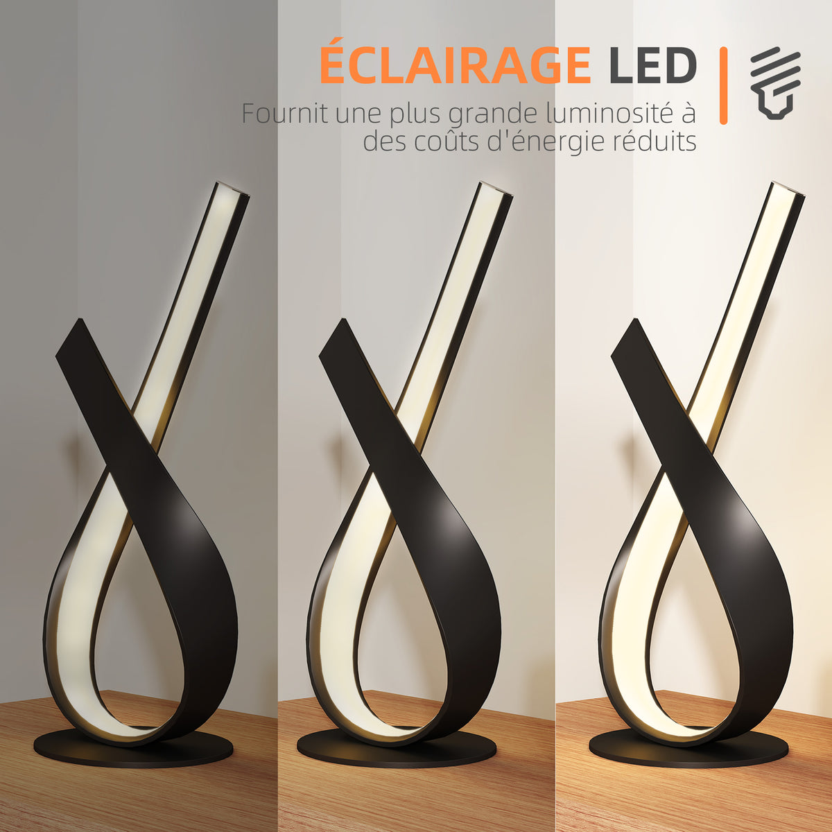 Lampe à poser design contemporain - lampe de table design spirale - dim. 21L x 15l x 43H cm - alu. noir LED blanc chaud