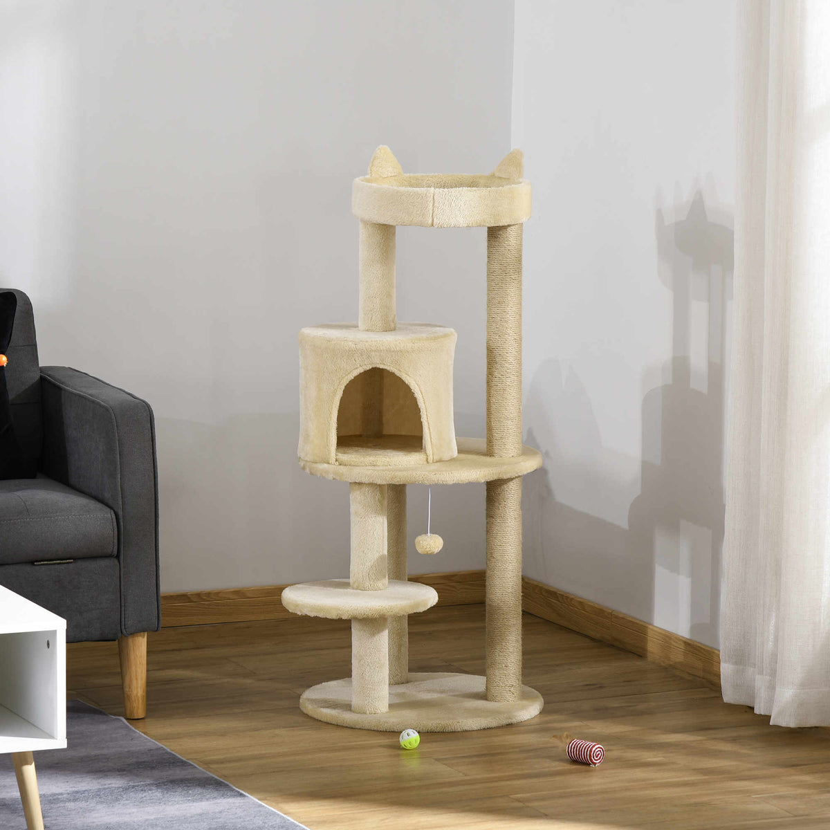 Arbre à chats multi-équipements griffoirs grattoirs plateformes niche jeu boule suspendue Ø 48 x 104H cm crème