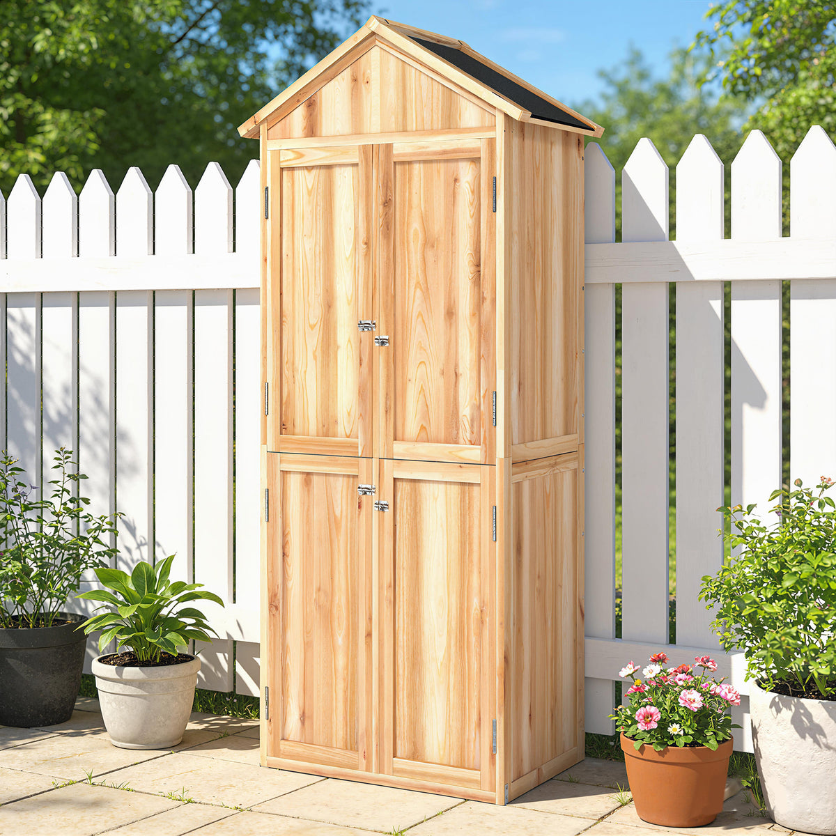 Armoire de Jardin en Bois Abri à Outils Rangement Extérieur Toit en Pointe en Asphalte 82x50x190cm Bois Naturel