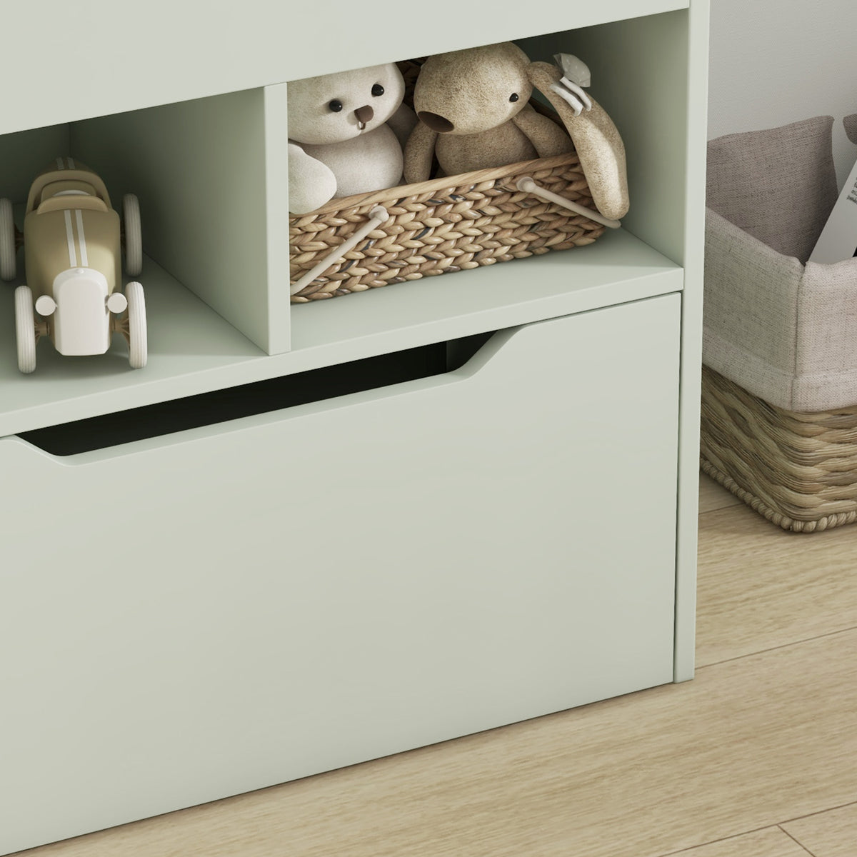 Bibliothèque étagère Multi-Rangement 3 étagères 2 niches Grand tiroir en bois Vert clair
