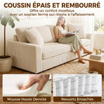 Canapé 3 places 212 cm avec 2 coussins à ressorts, tissu velours côtelé, pour salon, chambre, bureau à domicile, crème