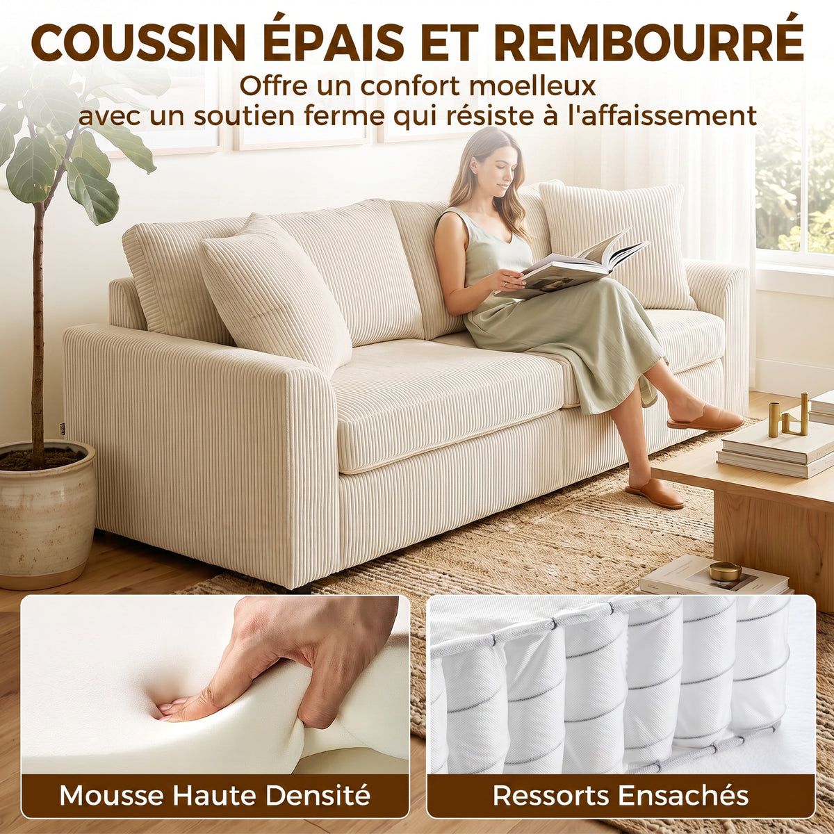 Canapé 3 places 212 cm avec 2 coussins à ressorts, tissu velours côtelé, pour salon, chambre, bureau à domicile, crème
