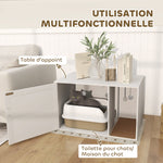 Maison de toilette chat meuble litière pour chat tapis griffoir porte avec poignées style bohème 80 x 50 x 50 cm blanc