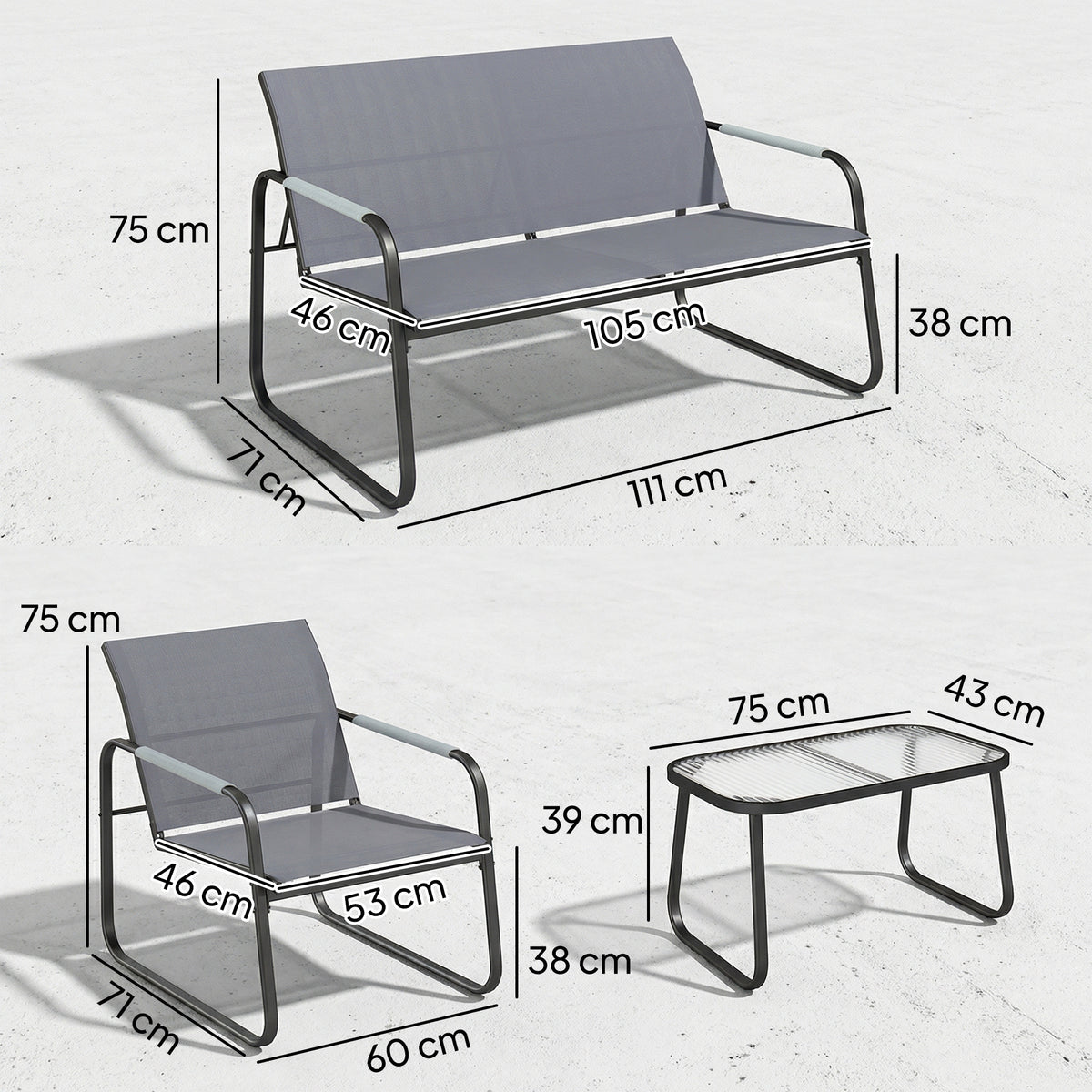 Salon de Jardin Ensemble de Terrasse en Acier et Textilène 4 Pièces avec Accoudoirs Corde Tressée Gris