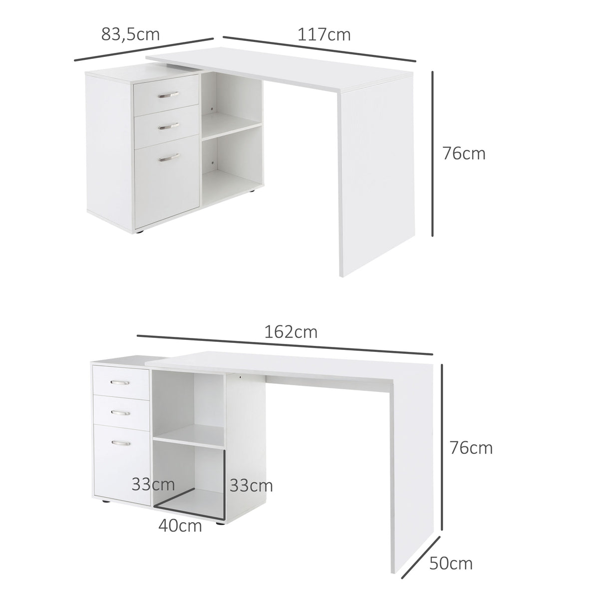 Bureau d'angle bureau droit modulable table de salle à manger 2 en 1 bureau informatique tiroirs x 3 + 2 niches