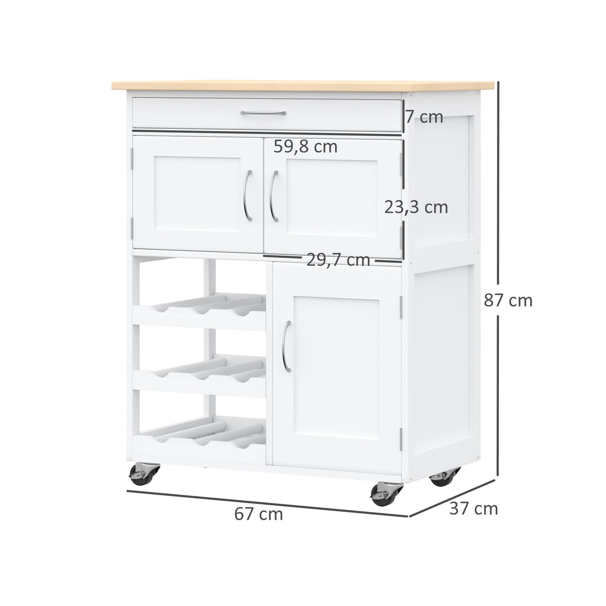 Carrello da cucina multi-ripiano, 2 armadietti, cassetto, portabottiglie da 9 posti, MDF bianco, piano in legno di gomma