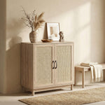 Buffet salon, meuble de rangement avec 2 portes en rotin, étagère réglable et bords arrondis, 76 x 35 x 75,5 cm, chêne