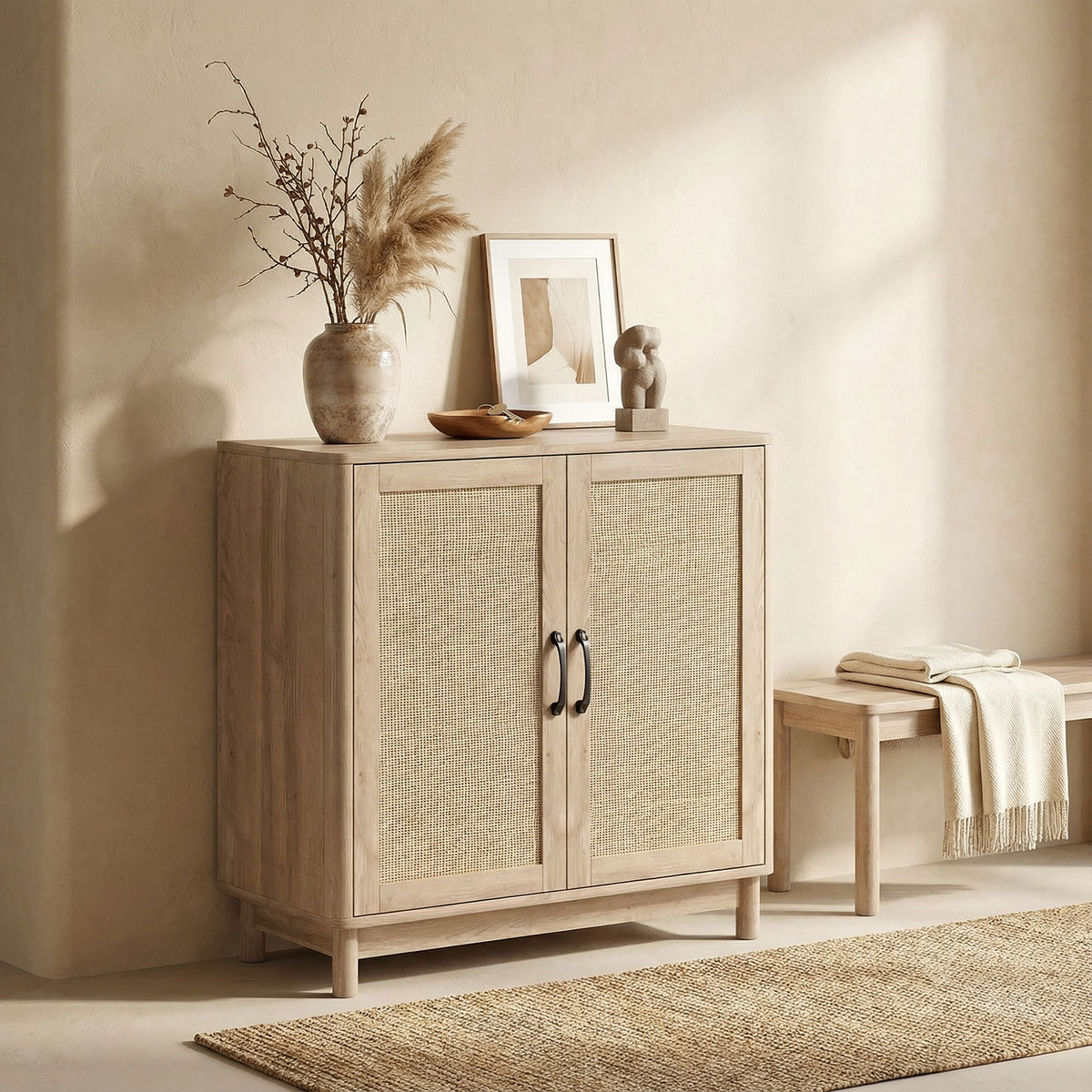 Buffet salon, meuble de rangement avec 2 portes en rotin, étagère réglable et bords arrondis, 76 x 35 x 75,5 cm, chêne